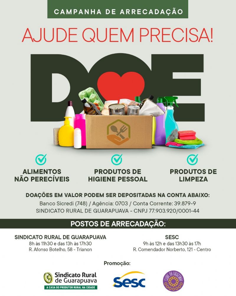 Sindicato Rural e Sesc promovem arrecadação de alimentos, produtos de higiene pessoal e de limpeza